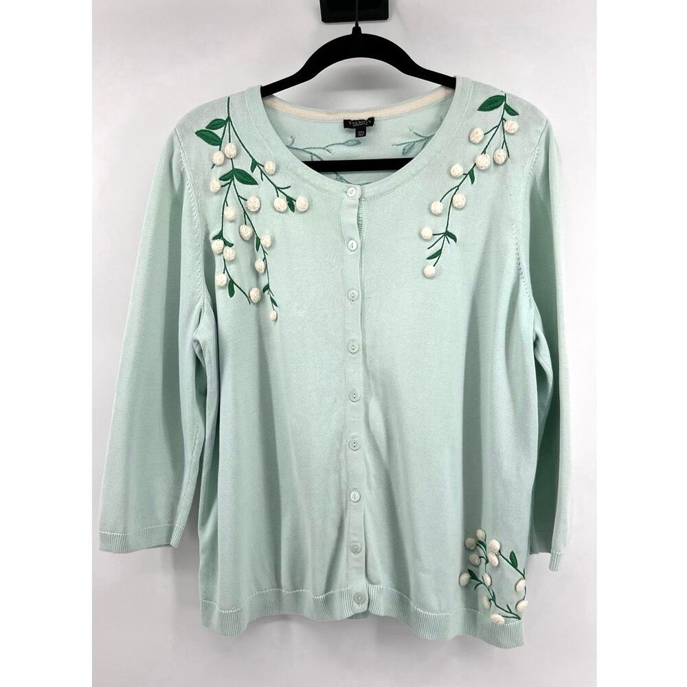 Talbots Floral Embroidered Cardigan Sweater Size 2Xp Mint Green Pom Pom Detail